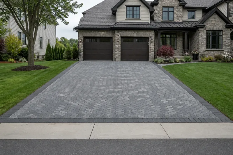 A herringbone paver driveway running up to a residential garage