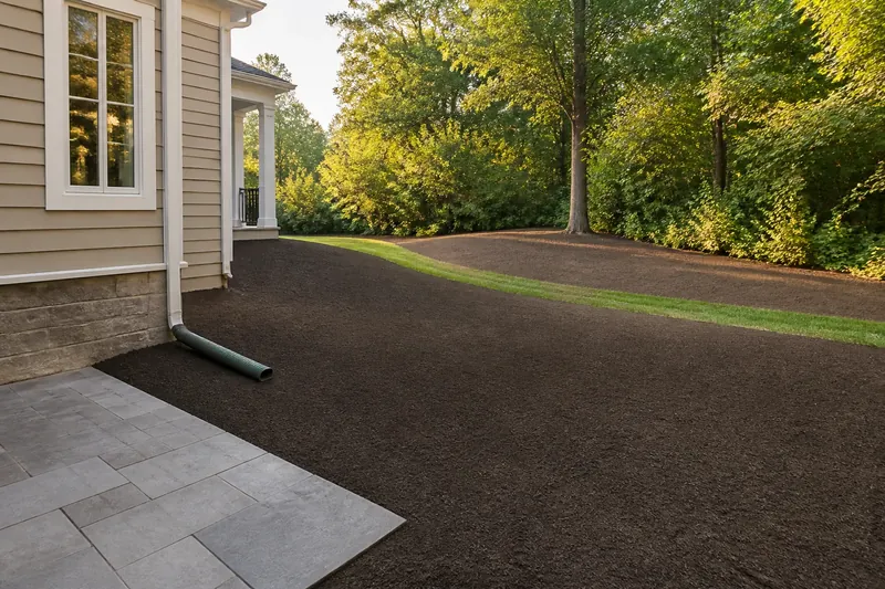 A freshly graded back yard sloping away from the house with a shallow grassed swale