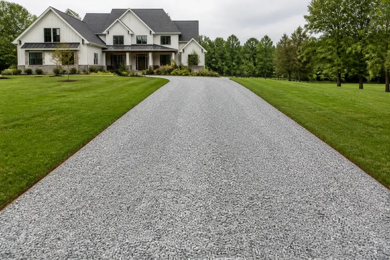 A crushed stone gravel driveway with a crowned center running up to a rural home