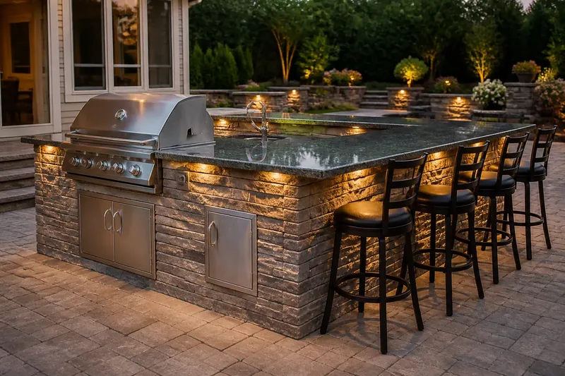 An outdoor kitchen island with a built-in grill and stone veneer