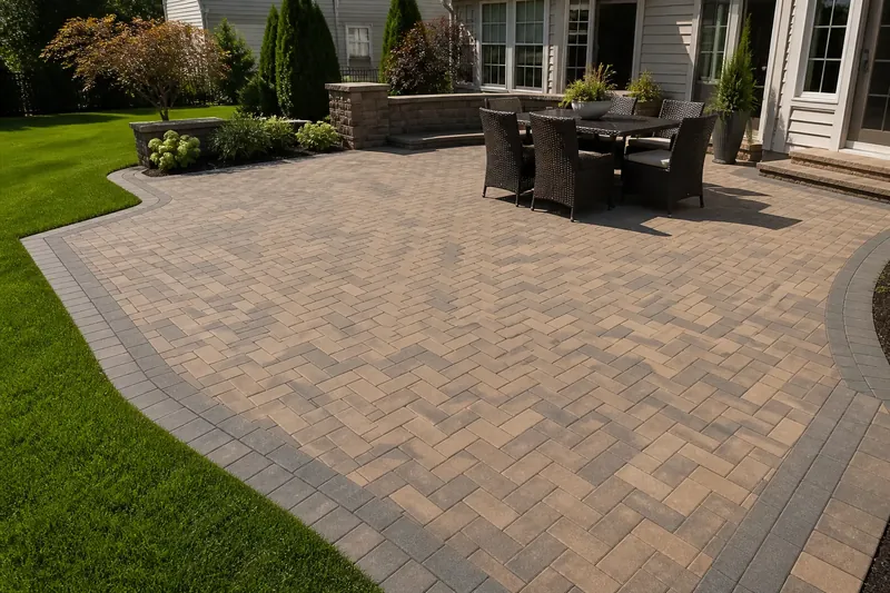 A finished paver patio with a soldier course border and outdoor seating