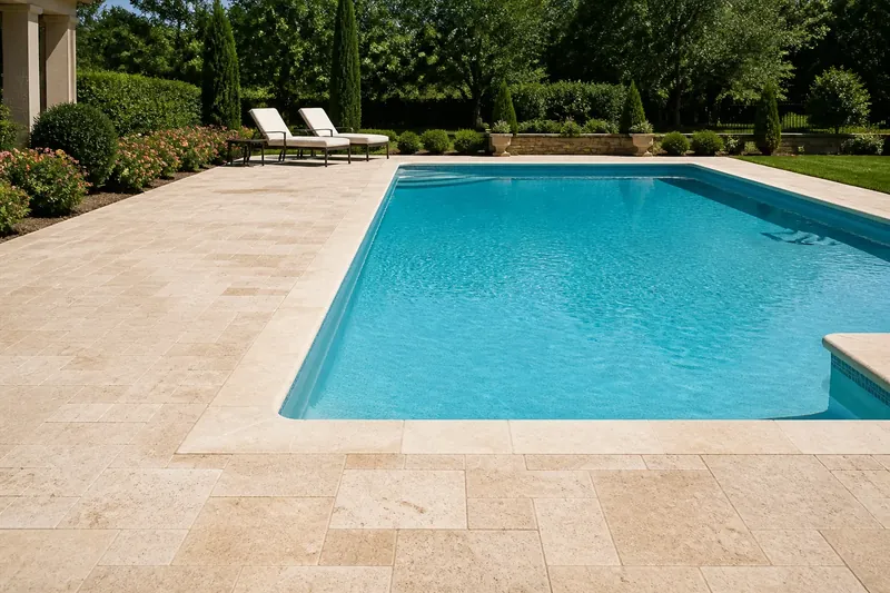 A travertine pool deck with coping around a residential swimming pool