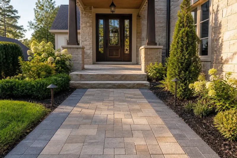 A paver walkway with stone steps leading to a front entry