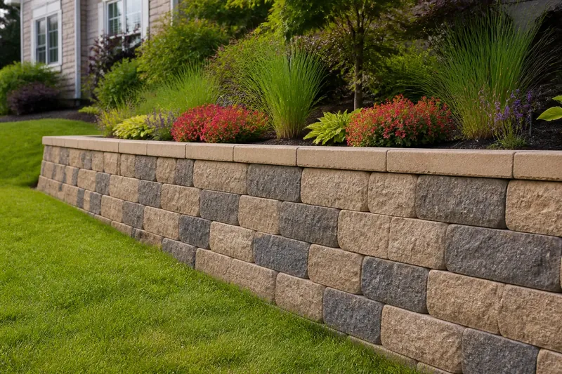 A segmental block retaining wall with capstones holding a landscaped slope